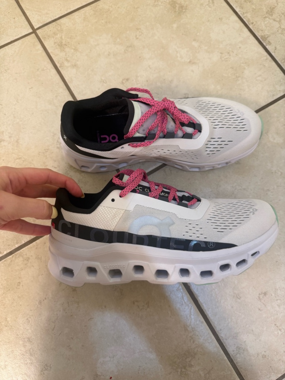 On Running Women's White Running Shoes with Pink Laces